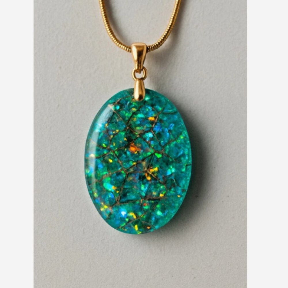 Made By Vickie Pendant Necklace Handmade Green Color Changing Resin 17" Chain